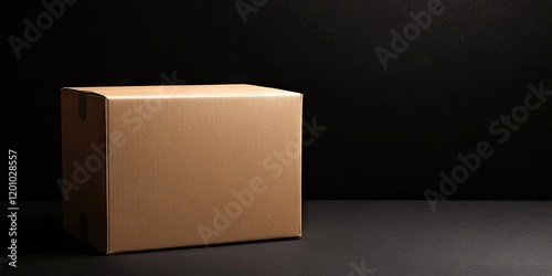Closed brown cardboard box positioned at the center against a solid black background with ample copy space for branding or text display.