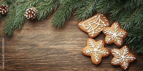 Gingerbread cookies shaped like snowflakes on wooden background with green fir tree branches and pinecones in top left corner for festive greetings photo