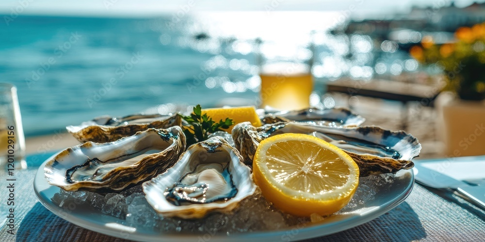 Seaside cafe setting featuring fresh oysters on ice with lemon slices garnished by green herbs, ocean view and sunlit water reflections.