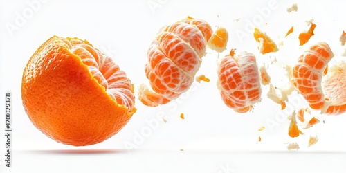 Vibrant citrus tangerine segments in mid-air against a bright white background showcasing healthy levitation with dynamic orange hues and motion.