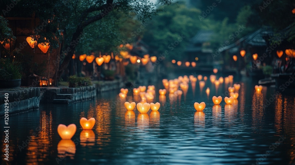 Obraz premium Floating lanterns illuminate a tranquil river.