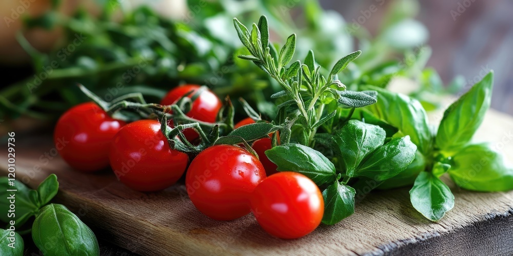 Fresh cherry tomatoes clusters alongside vibrant green basil and oregano on a rustic wooden cutting board with a blurred background