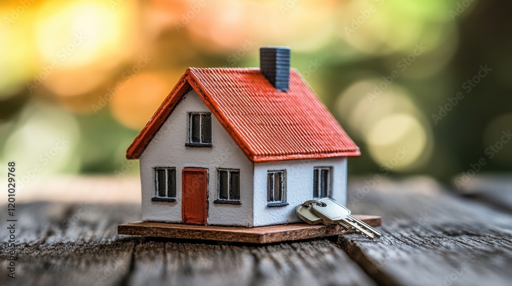 Miniature house with keys on wooden table in soft natural light Miniature house with keys on wooden table in soft natural light
