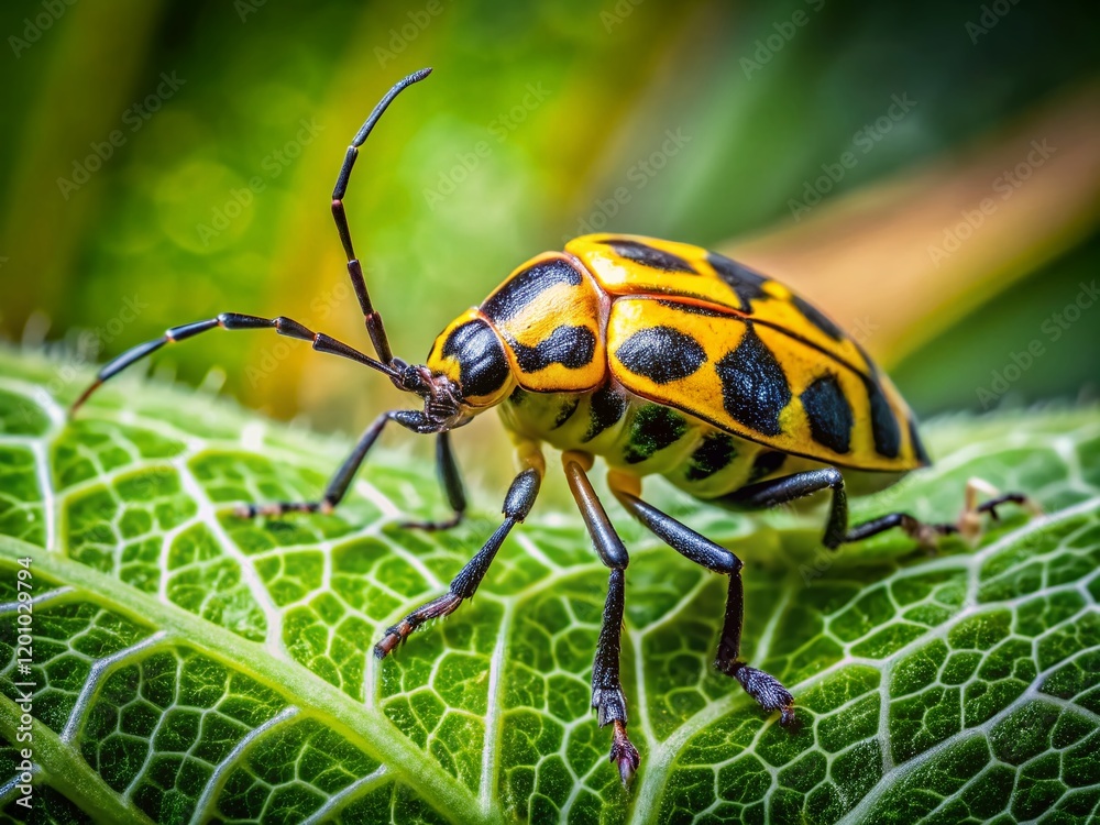 Double Exposure Macro: Yellow & Black Bug on Green Leaf - Intricate Insect Details Double Exposure Macro: Yellow & Black Bug on Green Leaf - Intricate Insect Details