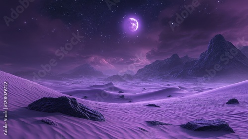 Surreal Desert Scene with Purple Sand Dunes and Night Sky