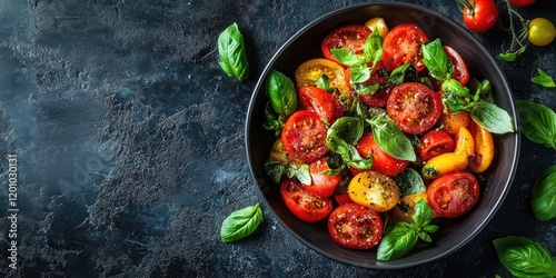 Vibrant salad featuring fresh tomatoes in a dark bowl with olive oil and green basil leaves on a textured black background ample copy space