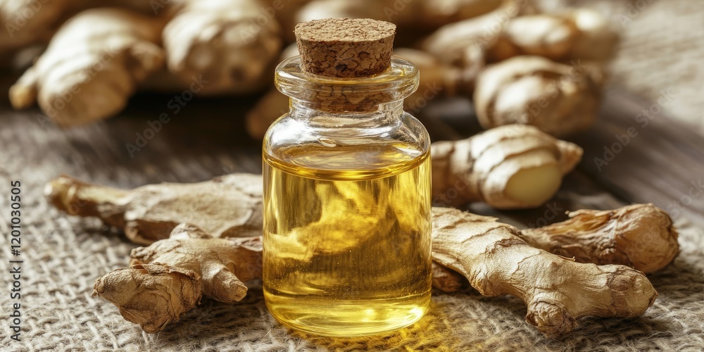 Ginger oil in a clear glass bottle with a cork top positioned at center surrounded by fresh ginger roots with beige textured background