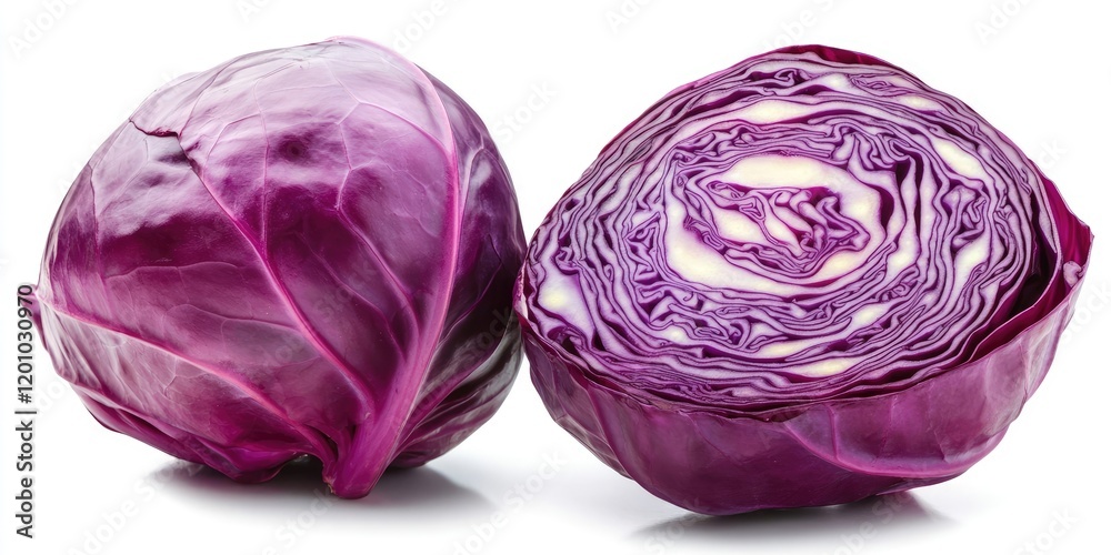 Red cabbage head and half with vibrant purple leaves and white core on a white background, showcasing rich colors and textures. Red cabbage head and half with vibrant purple leaves and white core on a white background, showcasing rich colors and textures.