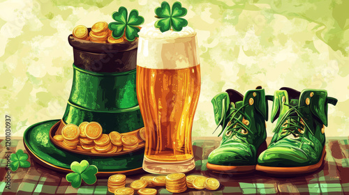 St. Patrick Day cartoon vector poster with shamrocks, gold coins in top hat, pint of Ireland beer or ale. Leprechaun shoes, green ribbon on tartan grunge background Happy Saint Patricks Day typography photo