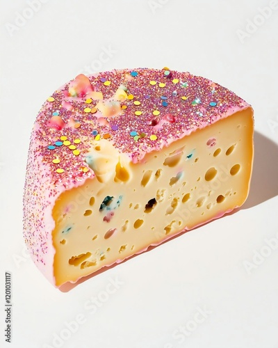 A vibrant, close-up view of a wheel of cheese, sliced in half, with a pink glaze and colorful sprinkles photo