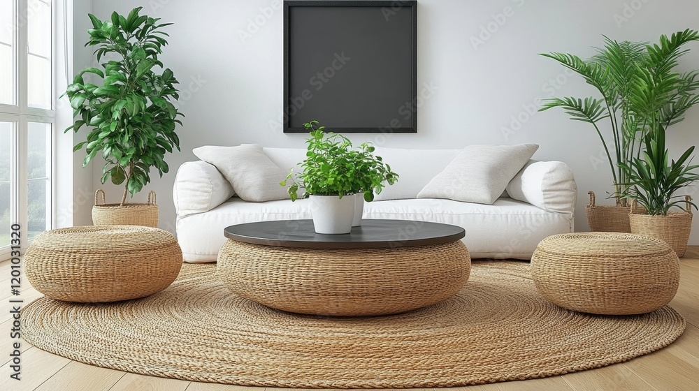 Modern Minimalist Living Room with Natural Elements and Plants Modern Minimalist Living Room with Natural Elements and Plants