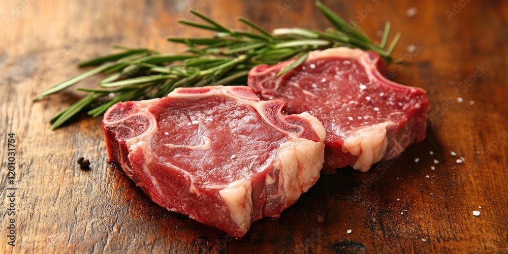 Fresh raw ribeye steak slices with visible marbling placed on a rustic wooden surface, garnished with green rosemary sprigs and sea salt. Fresh raw ribeye steak slices with visible marbling placed on a rustic wooden surface, garnished with green rosemary sprigs and sea salt.