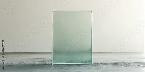 Transparent glass plaque with frosted edges positioned centrally on a smooth gray surface against a minimalistic white background photo