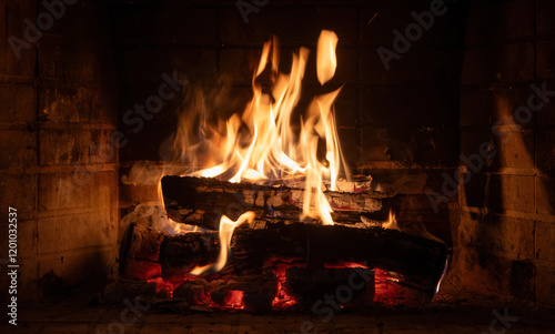 Fire burning in a fireplace, wood logs and flames. Warm home, heat. Christmas holiday