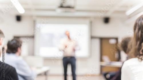 A business presenter addressing a small team, with the projector screen and attendees blurred for a focused yet dynamic effect.