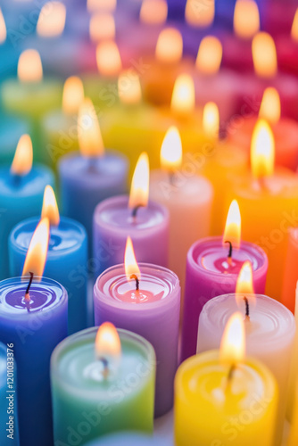 A vibrant arrangement of lit candles in various colors, creating a warm and calming atmosphere. photo