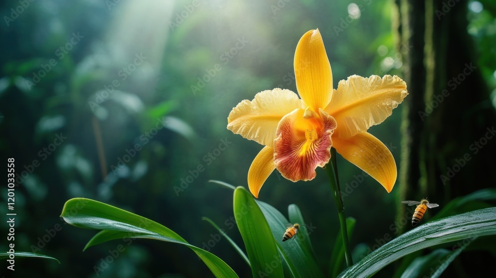 Fototapeta premium Yellow orchid with two bees in sunlit forest background. Stock image for nature and botanical themes