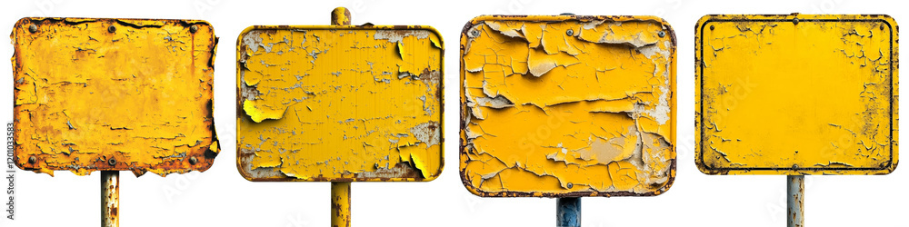 Obraz premium On a transparent background, an isolated blank old yellow road sign stands