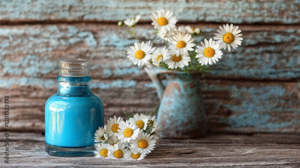 A bottle of sky blue nail polish, placed beside a small vase of fresh daisies, set on a rustic wooden surface. A bottle of sky blue nail polish, placed beside a small vase of fresh daisies, set on a rustic wooden surface.