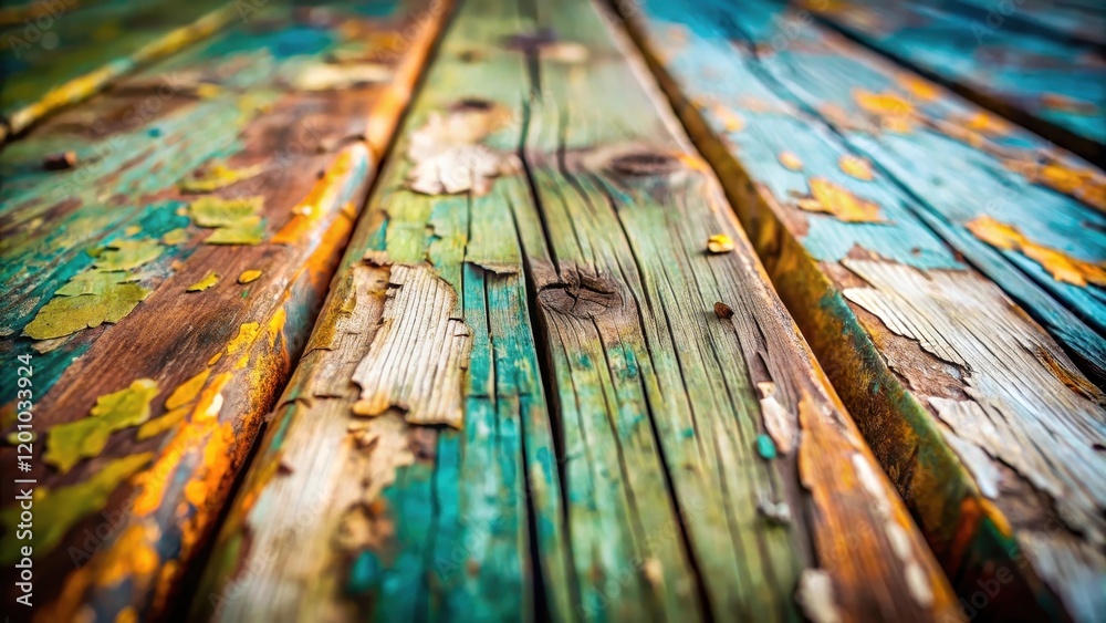 Rustic Weathered Wooden Planks with Flaking Paint in Vibrant Hues Rustic Weathered Wooden Planks with Flaking Paint in Vibrant Hues