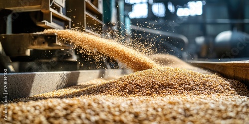 Efficient grain sorting machinery discharges paddy grains in golden hues with a blurred background, showcasing separation process and byproducts.