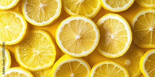 Vibrant yellow lemon slices arranged in an even flat lay pattern on a bright backdrop creating ample copy space for design elements