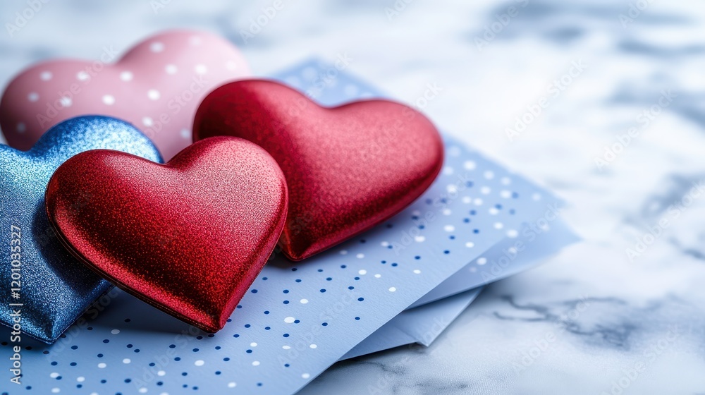 Fototapeta premium Close-up Shot of Valentine's Day Cards with Red Heart Decorations