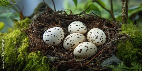 Japanese quail eggs nestled in a mossy nest with five speckled white eggs placed centrally, surrounded by lush green foliage and natural habitat.