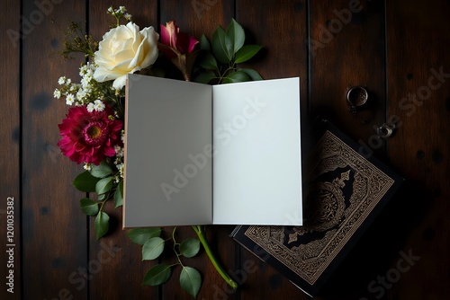 Luxury blank card, wedding ring, flowers and moslem quran on dark wooden background with copy space