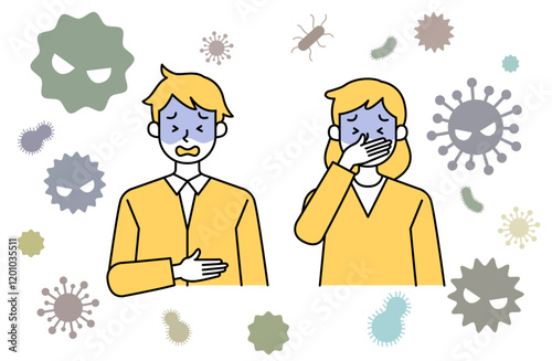Vector illustration of stomach pain and nausea due to food poisoning Woman Male Virus Virus Infection Diarrhea Vomiting Cold