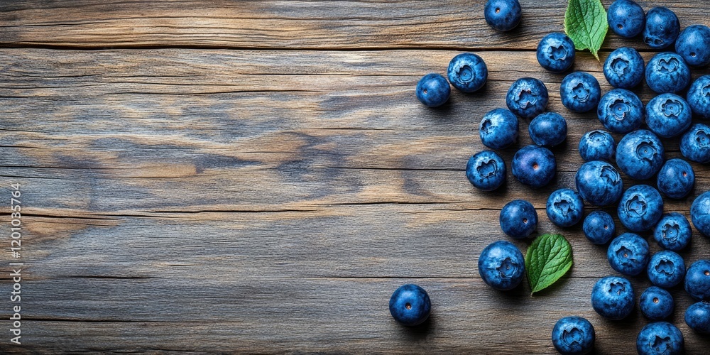 Fresh blueberries scattered on a rustic wooden background with green leaves positioned at the bottom right enhancing the natural setting Fresh blueberries scattered on a rustic wooden background with green leaves positioned at the bottom right enhancing the natural setting