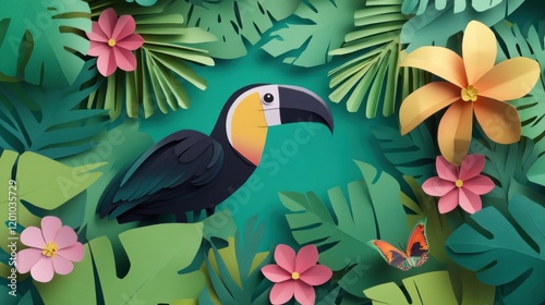 Toucan bird surrounded by tropical leaves and flowers paper cut style