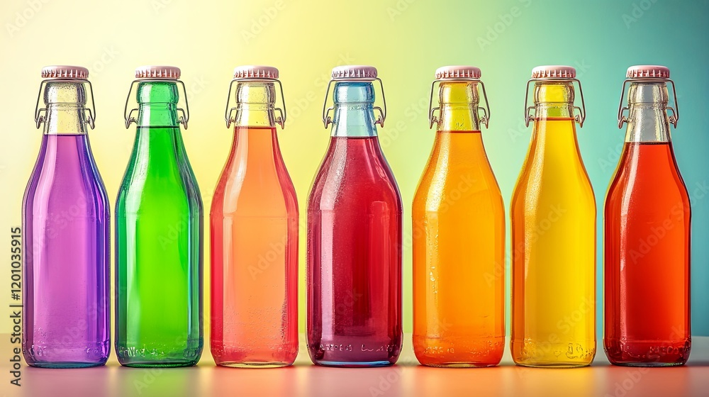 A sparkling collection of glass bottles filled with fresh juices in various colors A sparkling collection of glass bottles filled with fresh juices in various colors
