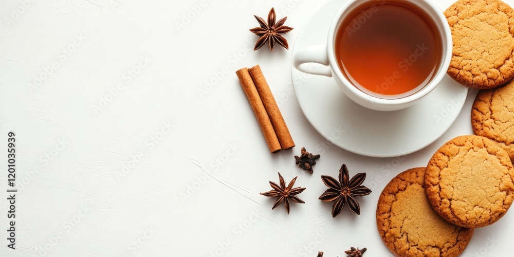 Ginger cookies on the right side with a steaming cup of tea on the left, decorated with cinnamon sticks and star anise on a white background. Ginger cookies on the right side with a steaming cup of tea on the left, decorated with cinnamon sticks and star anise on a white background.