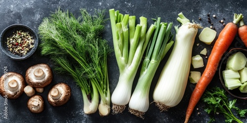 Fresh vibrant vegetables including fennel mushrooms leeks parsnips and carrots on a dark grey stone surface promoting healthy eating choices photo