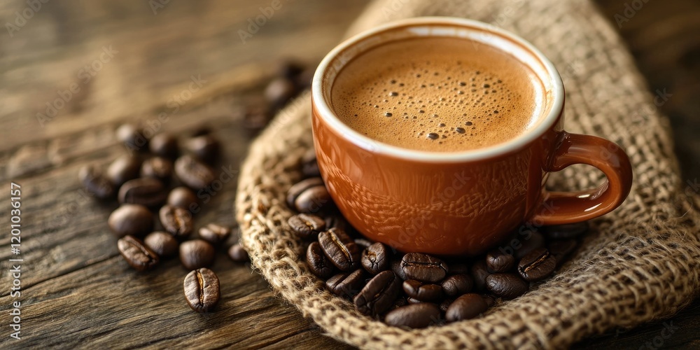 Coffee in a rustic brown ceramic cup surrounded by coffee beans on a textured burlap cloth, evoking a warm, inviting morning atmosphere. Coffee in a rustic brown ceramic cup surrounded by coffee beans on a textured burlap cloth, evoking a warm, inviting morning atmosphere.