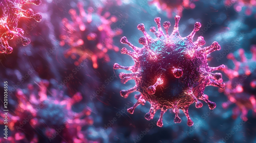 A colorful, digital illustration of a virus, showcasing its structure with spikes and a vibrant background, representing microscopic life. A colorful, digital illustration of a virus, showcasing its structure with spikes and a vibrant background, representing microscopic life.