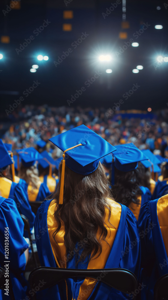 Rows of students in blue and gold gowns celebrate graduation under bright stage lights at a large ceremony Rows of students in blue and gold gowns celebrate graduation under bright stage lights at a large ceremony