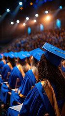 Celebration of achievement at a graduation ceremony with students in blue and gold gowns under bright stage lights