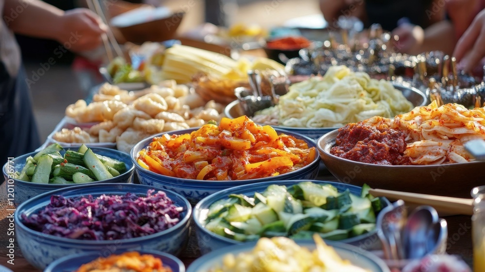 Fototapeta premium A colorful Korean Food Festival with various traditional dishes being enjoyed by happy attendees.