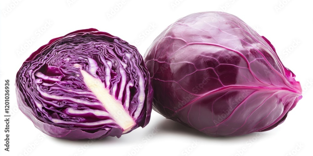 Fresh red cabbage whole and half cut showing vibrant purple hues against a clean white background with detailed textures and layers of leaves. Fresh red cabbage whole and half cut showing vibrant purple hues against a clean white background with detailed textures and layers of leaves.