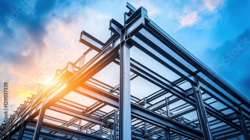 Modern Steel Structure Building Framework Against Sunset Skies