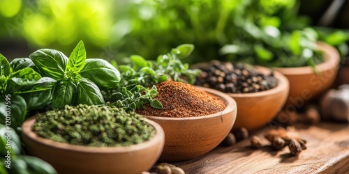 Vibrant kitchen herbs and spices in wooden bowls arranged on a rustic table with green foliage background highlighting culinary quality ingredients photo