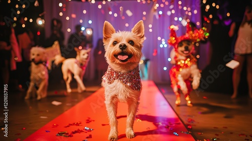 A sparkling dog fashion show setup with a runway, costumes, and excited pets photo