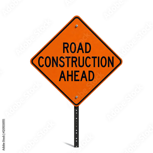 Road Construction Ahead sign on a post with a transparent background