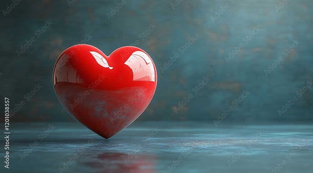 Fototapeta premium Red Shiny Heart Shape Romantic Love Symbol Design Element 3d blue teal image render glossy object 