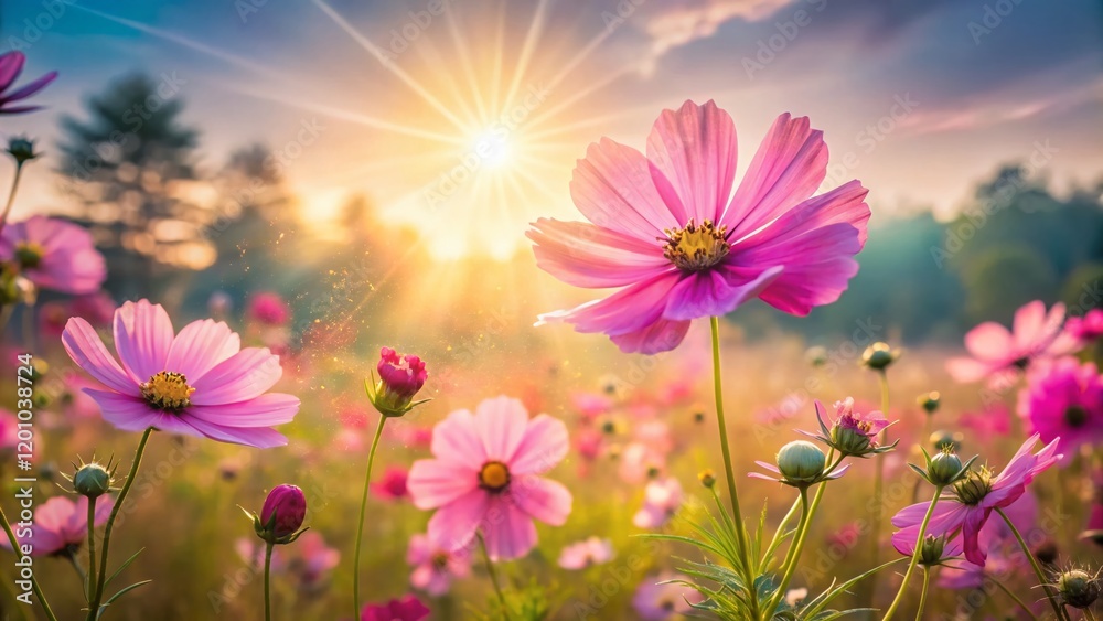 Dreamy Pink Cosmos Double Exposure: Sunlit Meadow Stock Photo Dreamy Pink Cosmos Double Exposure: Sunlit Meadow Stock Photo