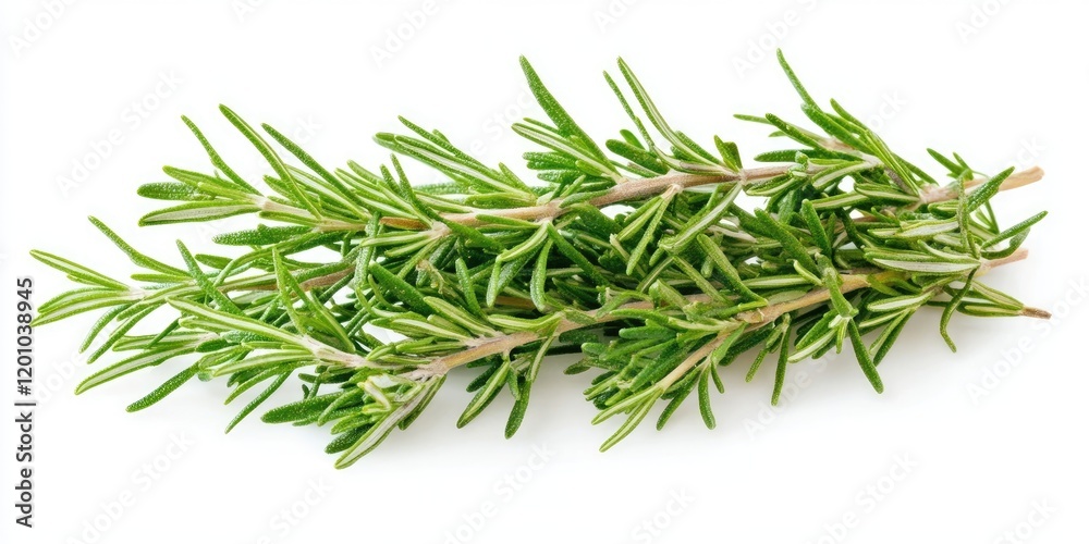 Fototapeta premium Fresh green rosemary sprigs arranged diagonally on a bright white background, highlighting the vibrant color and texture of the leaves.