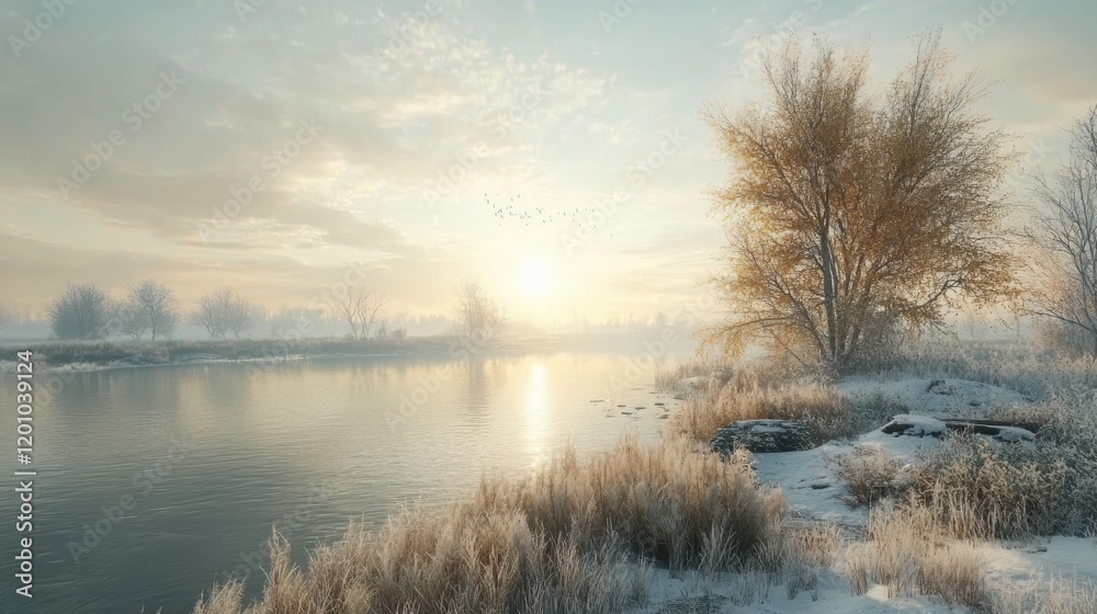 Obraz premium Serene Winter Landscape with Frosty River and Bare Trees at Sunrise