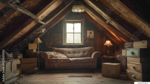 Attic interior, cartoon loft, garret and cockloft room. House attic or mansard room with window, wood roof and floor with spider web, dirty cardboard boxes, old sofa and lamps